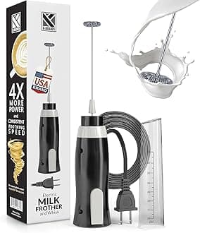 K-Brands Corded Electric Milk Frother with Plug in - Handheld Electric Whisk Stirrer Whipper - Foam Maker for Coffee, Latte, Cappuccino, Hot Chocolate – Powerful Drink Mixer