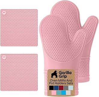 BPA-Free Soft Silicone Oven Mitts and Pot Holders Sets of 4, Heat Resistant Waterproof Cooking Gloves, Thick Cotton Lining, Flexible Gripping for Baking Grilling, Kitchen Trivets, Pink