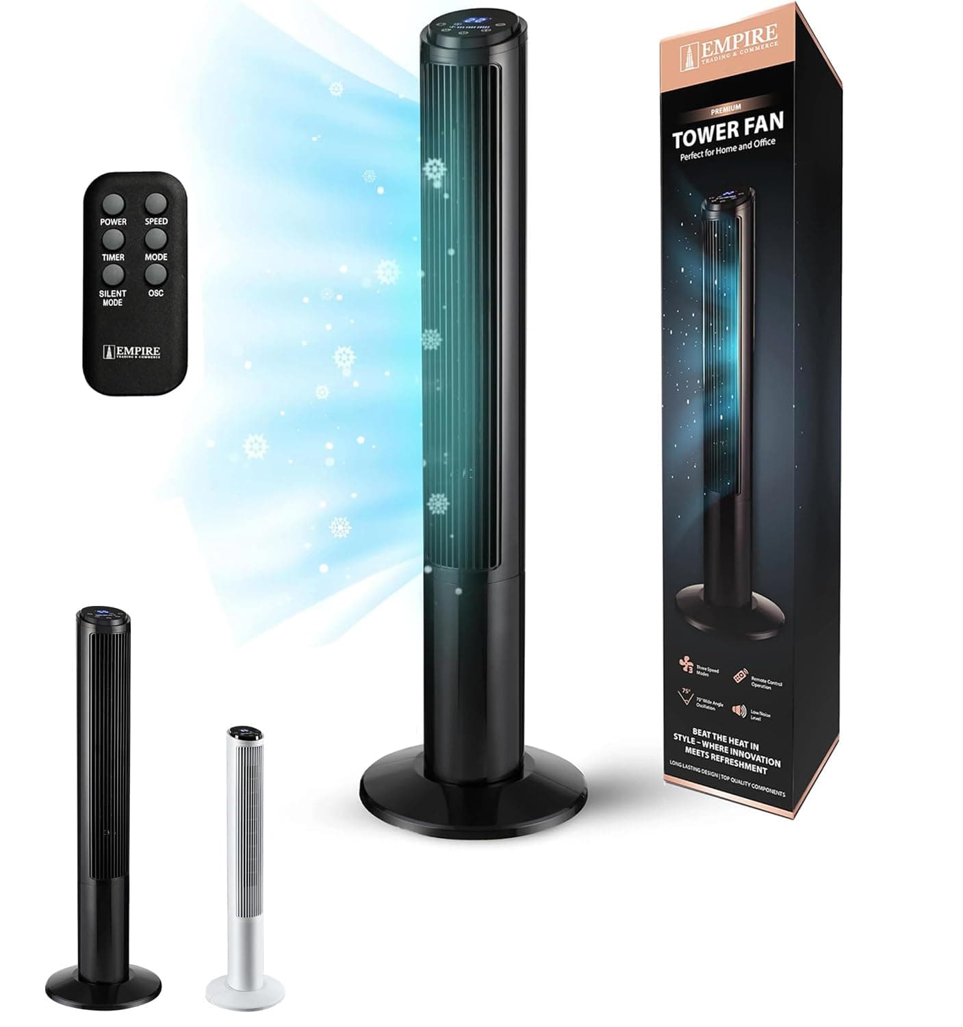 Empire 41 inch Tower Fan with LED Display, Remote Control Fan for Bedroom with Timer Function, 50W Cooling Fan with 3 Speeds, Perfect 75° Oscillating Fan for Home, Living Room & Office (Black)