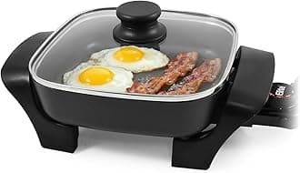 EG808 Electric Skillet 8"x8" Non-Stick Coating, Tempered Glass Lid, Removable Thermostat 200°F–400°F, Dishwasher Safe, 600W Compact 2.5-Qt Capacity for Eggs, Bacon & One-Pot Meals, Black