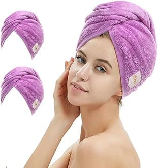 2 Pack Microfiber Hair Towel Wrap,Hair Drying Towel with Button, Hair Towel Turban,Head Towel to Dry Hair Quickly (Purple)