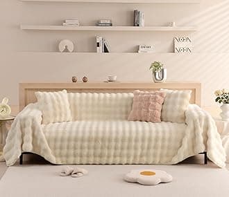 VM VOUGEMARKET Plush Faux Fur Couch Cover Thick Fluffy Fuzzy Sectional Sofa Cover Cream Beige Sofa Slipcover Soft Warm Throw Blanket for Couch Sofa Bed- Cream White,71" x 134"