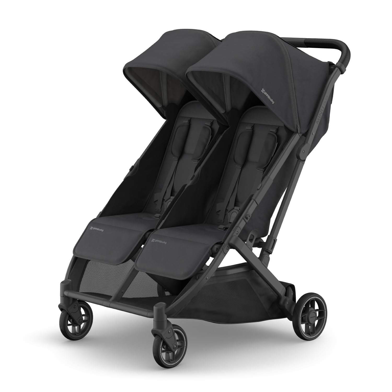 UPPAbaby Minu Duo Side-by-Side Double Stroller - Lightweight + Compact Design for Travel - Easy Fold- from Birth to Toddler - Independent Recline - Jake (Charcoal/Carbon Frame/Black Leather)