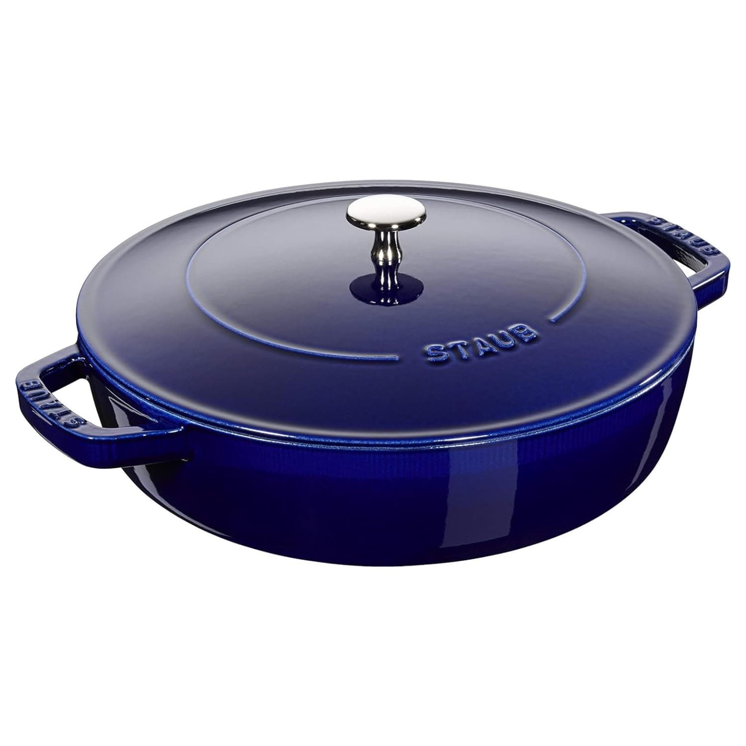 Staub Braiser 28cm Dark Blue 3.7L Cast Iron Material Matte black inner enamel. Lid with Aroma Rain Structure. Suitable for all types of hobs, incl. induction. Ovensafe. Grill Safe.