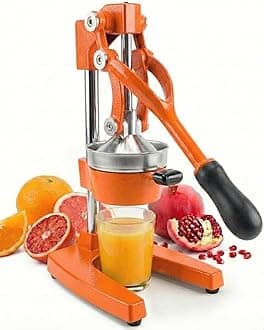 Eurolux Cast Iron Citrus Juicer | Commercial Grade Manual Hand Press | Countertop Squeezer for Fresh Fruit Juice (Bonus Stainless Steel Cup) (Orange)
