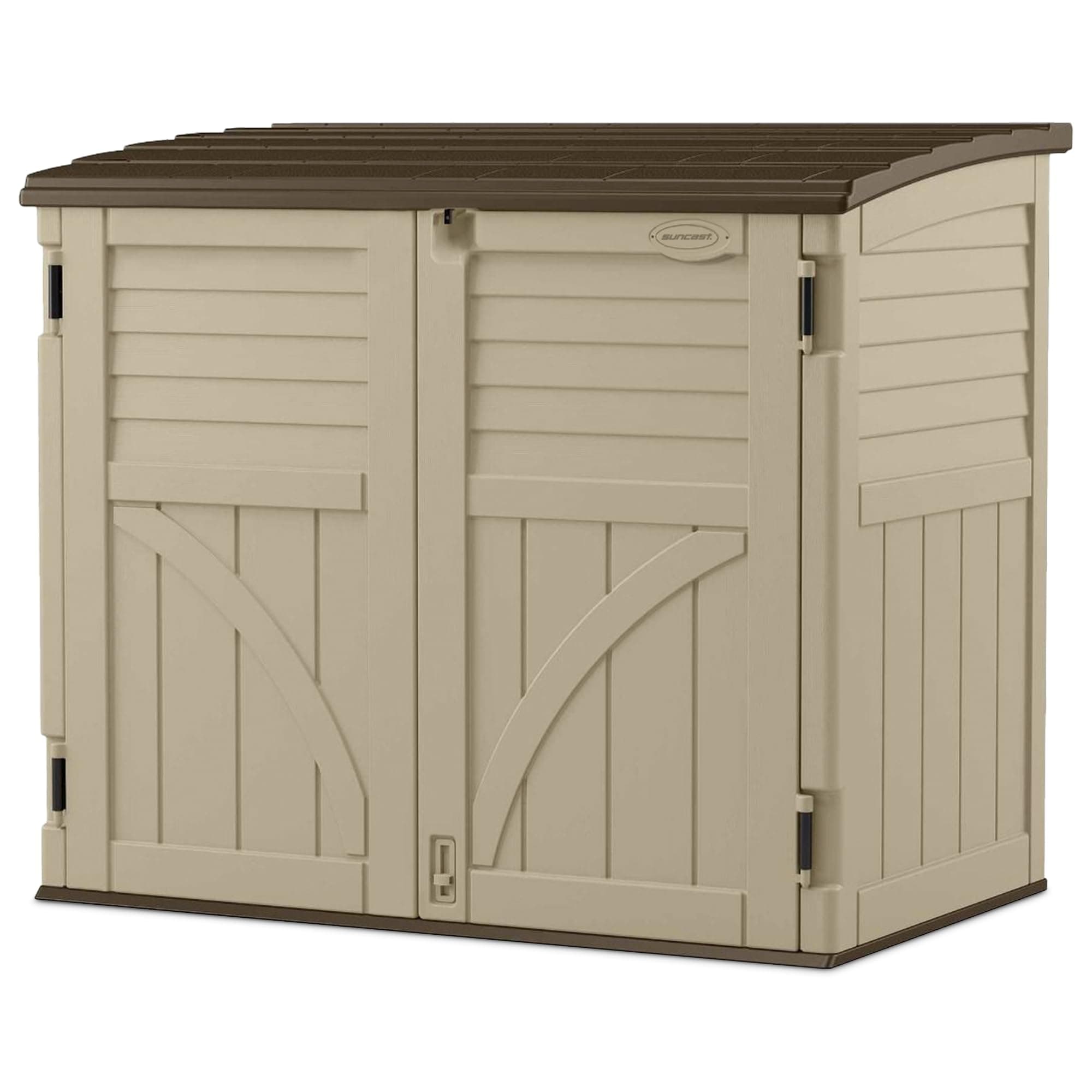 Horizontal Shed, Compact Outdoor Storage System, 34 Cu. Ft. Capacity, Sand & Slate - Lockable Multi-Wall Resin Organizer for Garbage Cans, Garden Tools, Bins, Bikes and Yard Equipment