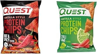 Tortilla Style Protein Chips, Hot & Spicy, 19g of Protein, 4g Net Carbs, Gluten Free, 1.1 Ounce (Pack of 12) & Tortilla Style Protein Chips, Chili Lime, Baked, 1.1 Oz, Pack of 12