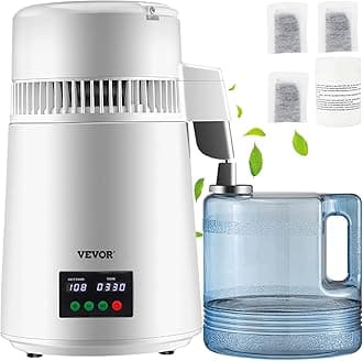 VEVOR 1.1Gal Water Distiller, 0.3Gal/H, Distilled Water Maker Machine 750W 0-99H Timing Set Temp Display, 304 Stainless Steel Countertop Distiller Plastic Carafe Cleaning Powder 3 Carbon Packs, White
