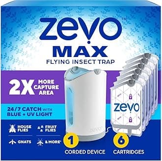 MAX Bug Catcher & Fly Trap for Indoors - Flying Insect Trap for Gnats, House & Fruit Flies - Use in Any Room - No-Mess Disposal (1 Plug in Base & 6 Cartridges)