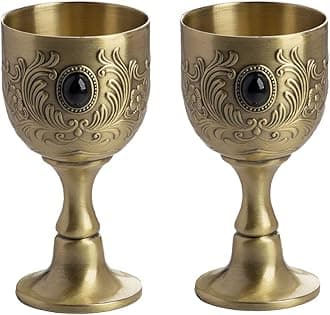 VIDAYA Chalice Goblet, Hand-Made Vintage Pure Copper Engraving Flower Pattern Metal Embossed Wine Copper Gemstone Cups Medieval Gothic Goblet 1.7oz 2-Pack