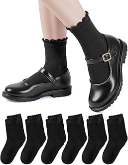 HONGTEYA 6 Pairs Girls White Ruffle Socks School Uniform Dress Socks for Kids Seamless Crew Ankle Cotton Size 2-14 Years