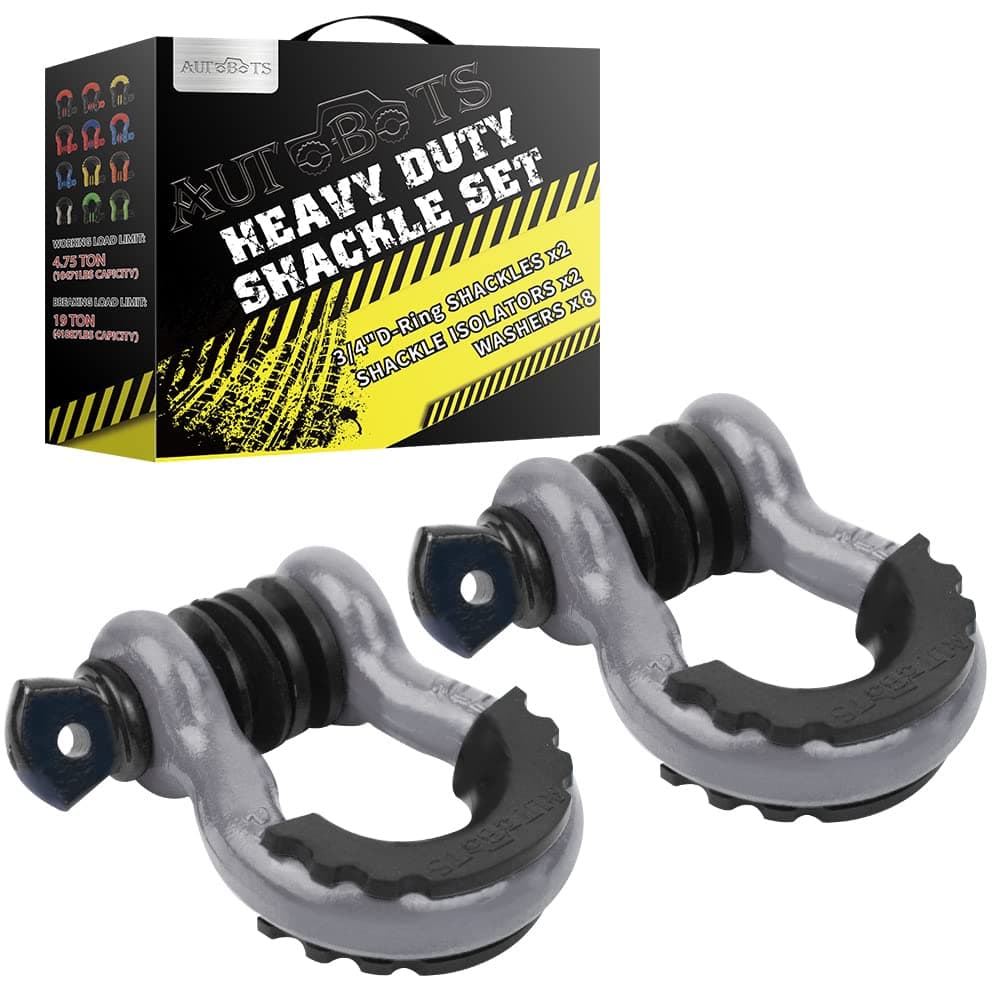 AUTOBOTS Shackles 3/4" (2 Pack), D Ring Shackle 45,000Ib Max Break Strength with 7/8" Pin & Isolator Washers Heavy Duty Clevis Tow Shackle for Tow Strap Jeep Vehicle Off Road Recovery Gray-Black