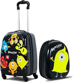 HONEY JOY Kids Luggage, 12" Toddler Backpack & 16" Travel Suitcase with Wheels, Lightweight Toddler Girls Suitcase, Durable ABS Hardshell, 2Pcs Carry On Luggage Set for Boys Girls, Black Monster