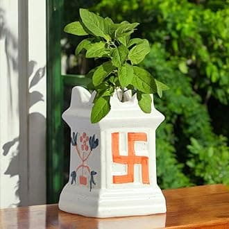 ecofynd 6 inches Tulsi Ceramic Plant Pots, Small Clay Flower Pot, Decorative Modern Indoor Planters, Home Garden Decor for Living Room Bedroom Interior (CPOT016-IVR)
