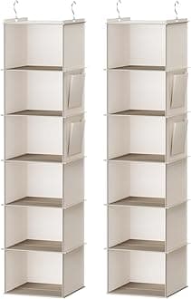 YOUDENOVA Hanging Closet Organizer, 6-Shelf Closet Hanging Storage Shelves, 2 Packs, Beige