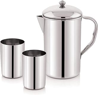 Attro Stainless Steel Jug Set with 2 Glass with Lid, Look Perfect on Dinning Table 1500 ml - Silver