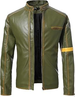 UnoSheng Men's Casual Jacket Striped Vintage Pilot Jacket Full Zip with Chest Pocket Denim Jacket Steampunk Jacket Medieval Stand-Up Collar Faux Leather Jacket Men's Slim Fit