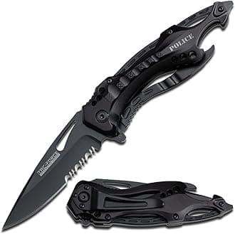 Folding Pocket Knife, 3.25-inch Serrated Blade, Black Aluminum Handle, 7.75-inch Overall Length TF-705BK