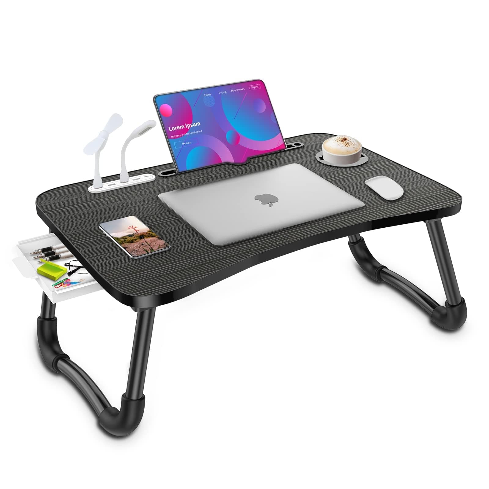 Laptop Lap Desk, Foldable Laptop Table Tray with 4 USB Ports Storage Drawer and Cup Holder, Lap Bed Desk Notebook Stand Laptray Portable Standing Table for Bed Couch Floor
