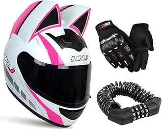Personality Cat Ear Full Face Motorcycle Street Helmets Men Women Cat Helmet with Ears, with Gloves & Password Lock,Pink White,XL