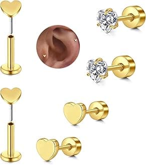 MODRSA Silver Gold Cartilage Earring for Women Hypoallergenic Flat Back Earrings Threadless Helix Earring Tragus Studs 6mm Cartilage Jewelry Flatback Surgical Steel Butterfly Heart Earrings for Women