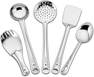 Parage 5 Pieces Stainless Steel Kitchen Tools Set for Kitchen Cooking and Serving, Pack of 5, Ladle(Karchhi), Skimmer(Jhara), Turner/Spatula (Palta), Basting and Rice Spoon, Silver