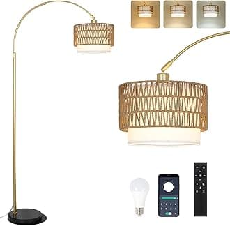 Arc Floor Lamp for bedroom with Rattan & Linen Shades, Gold Floor Lamp with Remote & Dimming Bulb, Rustic Standing Lamp with 3 Color Temperatures, Adjustable Height Farmhouse Tall Lamp for Living Room