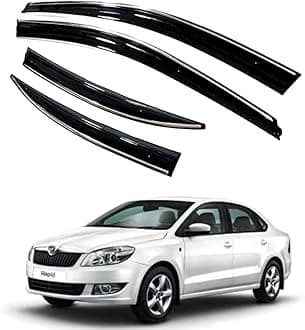 ROYALTECH Premium Chromeline & Silverline Unbreakable Car Rear Window Wind Deflectors & Side Door Visor Rain Guard Compatible with (Skoda Rapid (2011-2016))