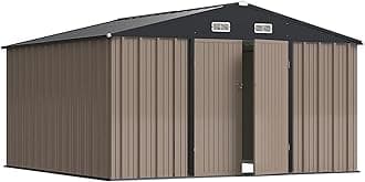 Greesum 10×10 FT Outdoor Storage Shed, Metal Storaged Sheds Without Floor, Tool Sheds with Lockable Doors and Slooping Roof for Garden, Patio, Backyard, Brown