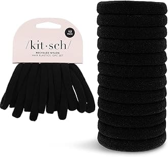 Kitsch Black Hair Ties 12pcs No Damage - Hair Bands for women - Strong Stretchy Hairbands & Hair Bobbles - Soft Nylon Hair Elastics, Snag-Free Rubber Bands for Updos & Braids