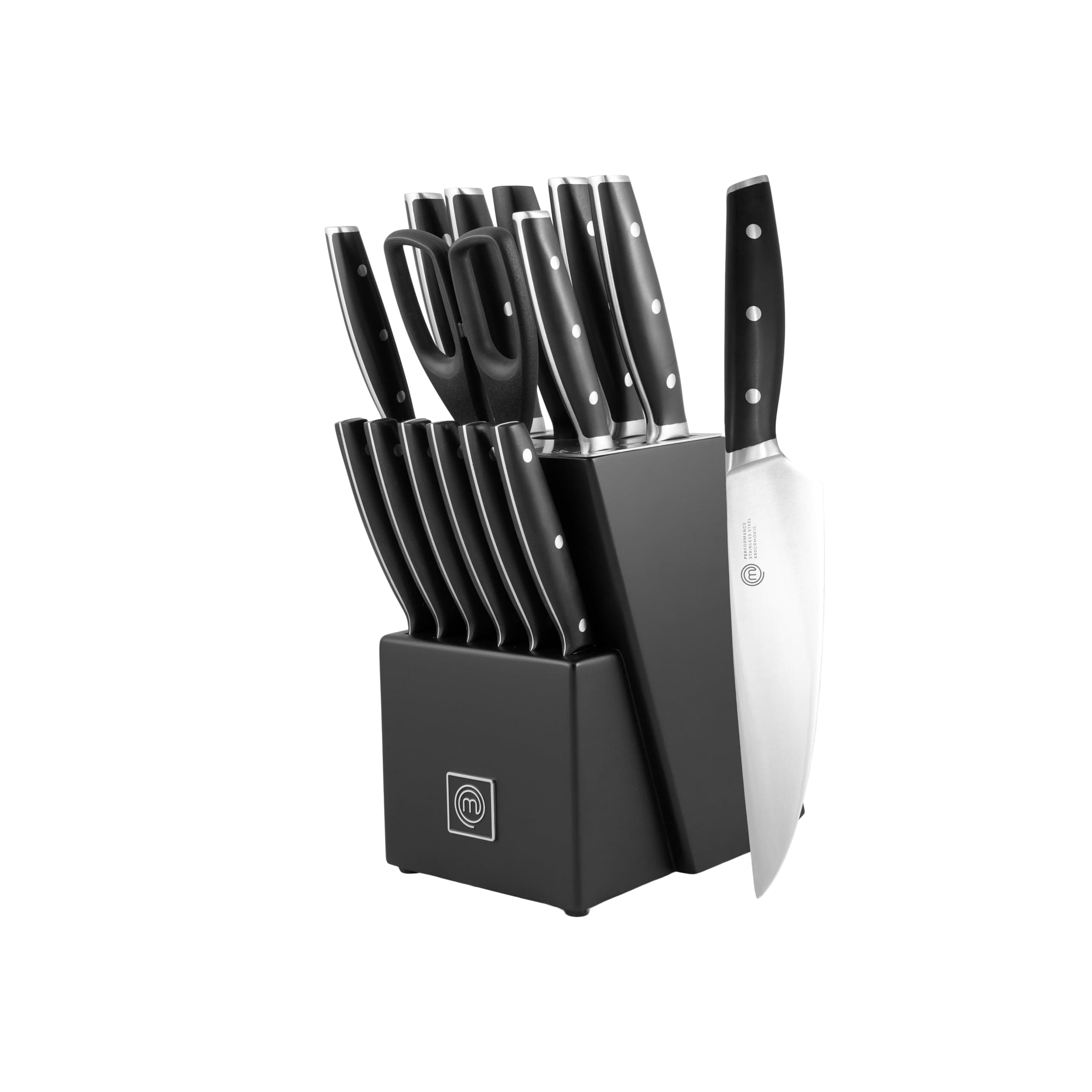 MasterChef Professional Kitchen Knife Block with Bread Knife, Chef, Santoku, Steak, Tomato, Scissors & Sharpener, High Carbon Stainless Steel, Triple Rivet Handles, 15 Pieces