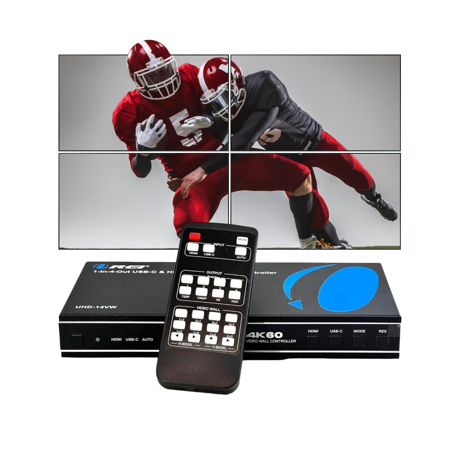 4K 2x2 HDMI or USB-C Video Wall Controller Processor Display Upto 4K 60hz 2x1, 1x2, 1x3, 1x4 Supports 180 Degree Rotate RS-232 Audio Extraction (UHD-14VW)