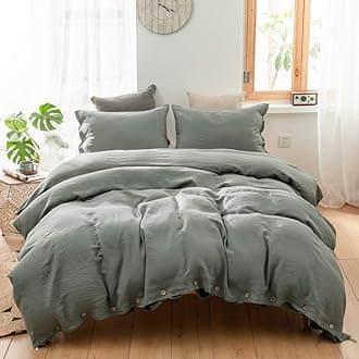 Simple&Opulence 100% Linen Duvet Cover Set 3pcs with Coconut Button Closure Natural French Washed Flax Solid Color Soft Breathable Farmhouse Bedding - Cushing Green, Queen Size
