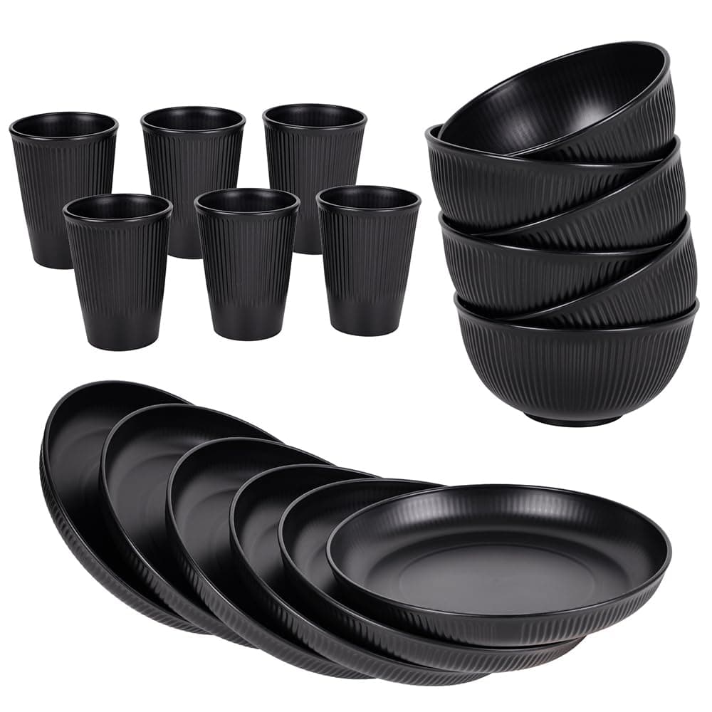 18pcs Wheat Straw Dinnerware Sets HXYPN Unbreakable Dinnerware Set Kitchen Cups Plates and Bowls Sets Reusable Dish Sets Dishwasher and Microwave Safe Plates Black