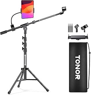 TONOR Microphone Stand with Tablet Holder, Tripod Boom Arm for Floor, Adjustable Height and Angle, Heavy Duty Stand with Carrying Bag, Phone and Pad Clamp, Excellent Compatibility, T35