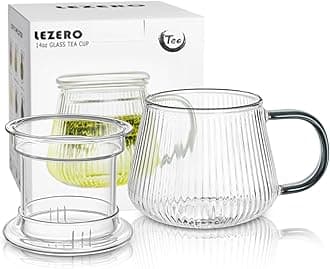 Lezero Tea Infuser Cup with Filter and Lids, Borosilicate Glass Mugs with Strainer for Blooming & Loose Leaf, Lead-free, Microwave & Dishwasher Safe, 14oz