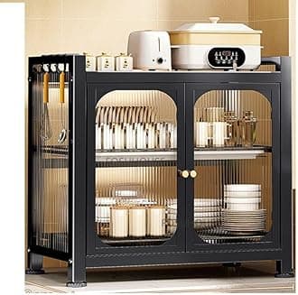 Carbon Steel Kitchen Storage Rack Drain Dishware Storage Rack Countertop Storage Cupboard With Door Multifunctional Bowl Chopsticks Storage Box Kitchen Countertop Plate Organizer (Black)