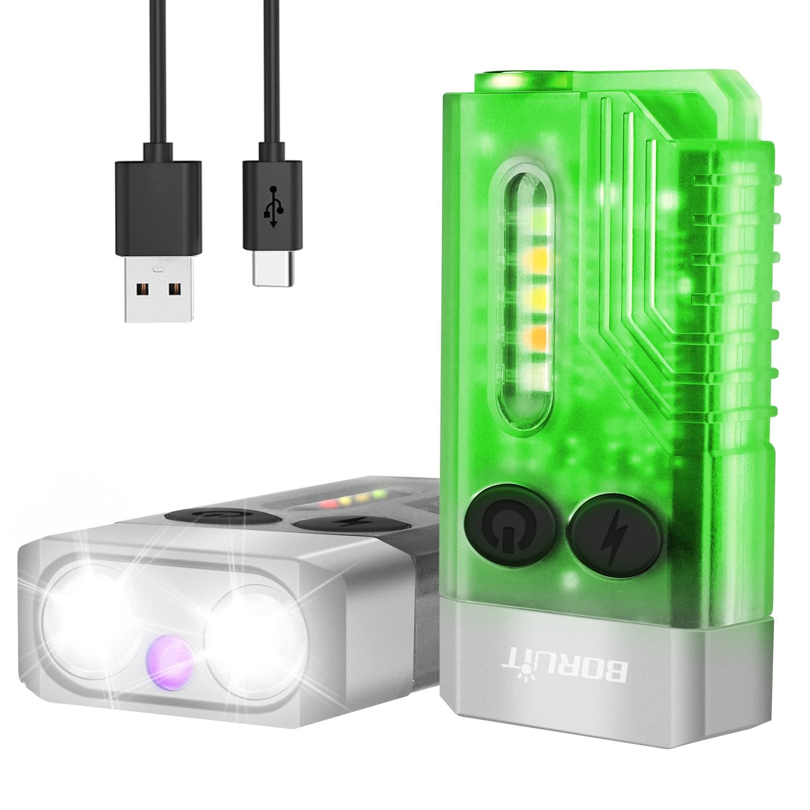 BORUIT V10 LED Small Powerful EDC Flashlight with 365nm UV Red Green Blue Light,Super Bright USB C Rechargeable Powered Mini Pocket Keychain Flash Light-14 Modes,Tail Magnet,Beeping Sound