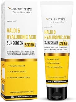 Dr. Sheth's Haldi & Hyaluronic Acid Sunscreen with 1% Hyaluronic Acid | Spf 50+ Pa+++ | Protects Against UVA/B & Blue Light | Hydrating & Brightening | For Men & Women | For All Skin Type | 125 g