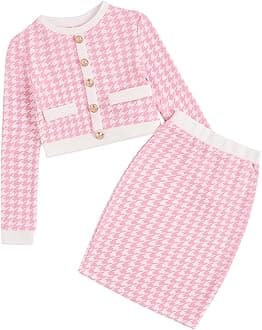 Milumia Girl's Two Piece Outfits Houndstooth Button Decor Crop Blazer Jacket and Skirt Sets