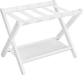 SONGMICS Luggage Rack, Folding Suitcase Stand with Storage Shelf, for Guest Room, Hotel, Bedroom, Heavy-Duty, Holds up to 131 lb, Classic White URLR007W01