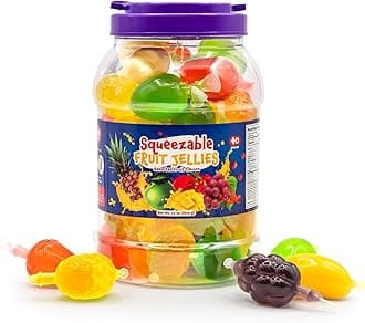 Fruit Squeezable Jellies - 40 Count Jar - Tik Tok Candy - Fun Jelly Treat in Assorted Fruit Flavors - Easter Candy - Mango, Strawberry, Apple, Pineapple & Grape - Gelatin Free