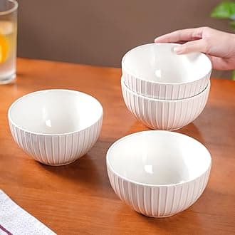 Nestasia Ceramic Bowl for Snacks - Dishwasher & Microwave Safe Bowl Set of 4, Ribbed Texture Serving Bowl Set for Rice, Dal, Vegetables, Fruits, Salad, Maggi & Noodles (Off White - 650ml)