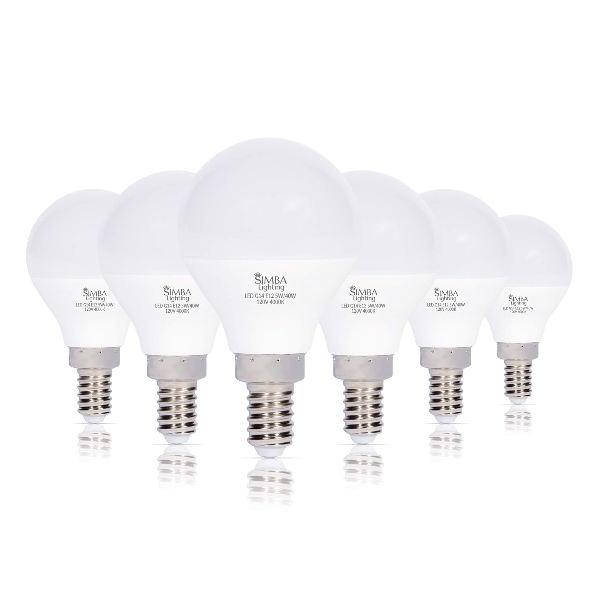 Simba Lighting LED Candelabra E12 Base G14 Small Globe 5W 40W Replacement Light Bulb (6 Pack) for Ceiling Fan, Chandelier, Vanity, Round A15 Frosted White Cover, Non-Dimmable, 4000K Natural Light