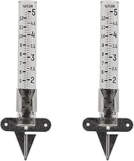 Rain Gauge Outdoor Glass 5 Inch Capacity - 2 Piece Set with Metal Ground Spike, Easy-Read Measurement Increments, Weather Resistant