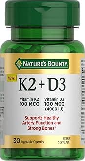 Nature’s Bounty Vitamin D3 K2 Supplement, 4000 IU Vitamin D3 plus 100 mcg of Vitamin K Supplements for Adults for Heart & Bone Health Support, 30 Day Supply, 30 Vegetarian Capsules