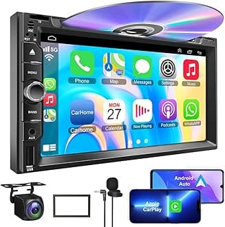 Double Din car Stereo with CD/DVD Player- CarPlay & Android Auto, Car Audio with Bluetooth, 7 Inch HD Touchscreen, Rear Camera, USB/TF/AUX, Subwoofer, AM/FM Radio Receiver