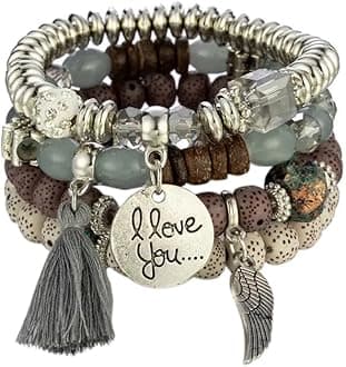 Shining Diva Fashion Latest Stylish Bohemian I Love You Feather Tassel Charm Multilayer Beaded Bangle Bodhi Bracelet for Women and Girls