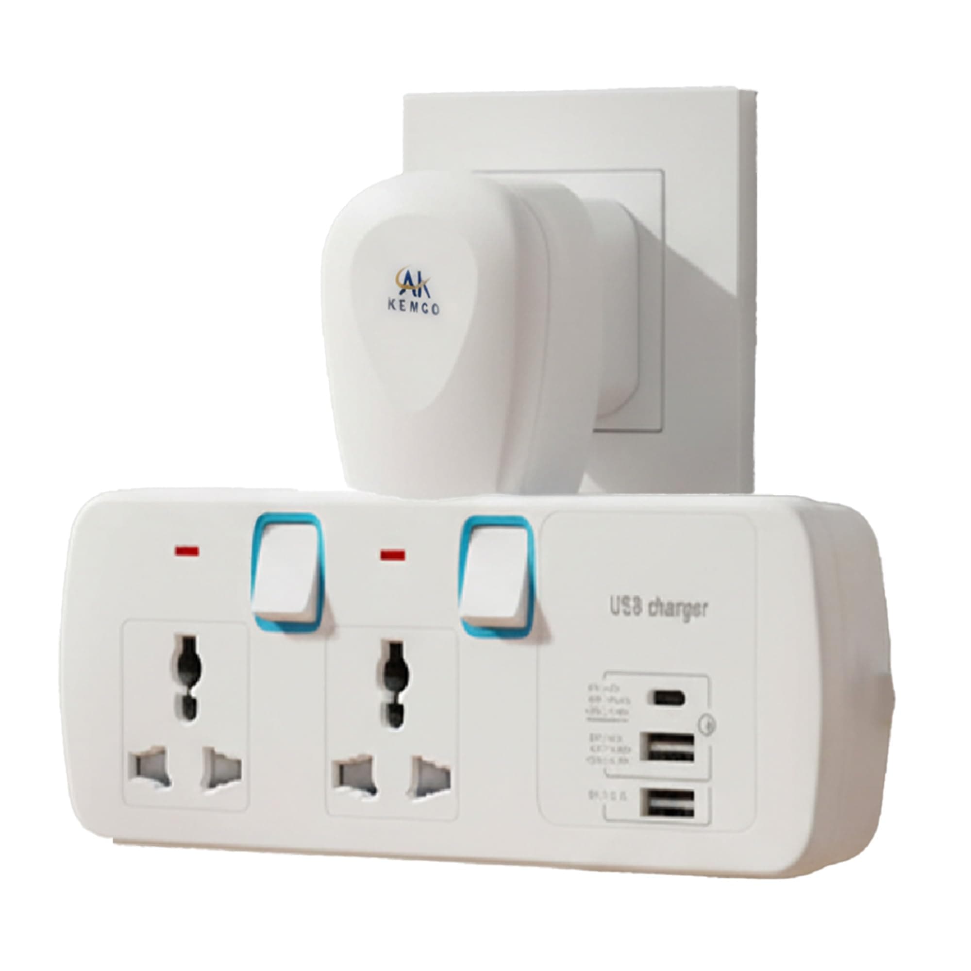 Kemco 2 Way T Socket Multi Adapter, Universal Plug Extension, Dual USB and Type C Ports, Fast Charging Power Adapter, Wall Socket Converter for Home, Office, Travel Use