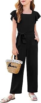 Haloumoning Girls Jumpsuit Kids Fashion Square Neck Ruffle Sleeve Belted Wide Leg Romper with Pockets